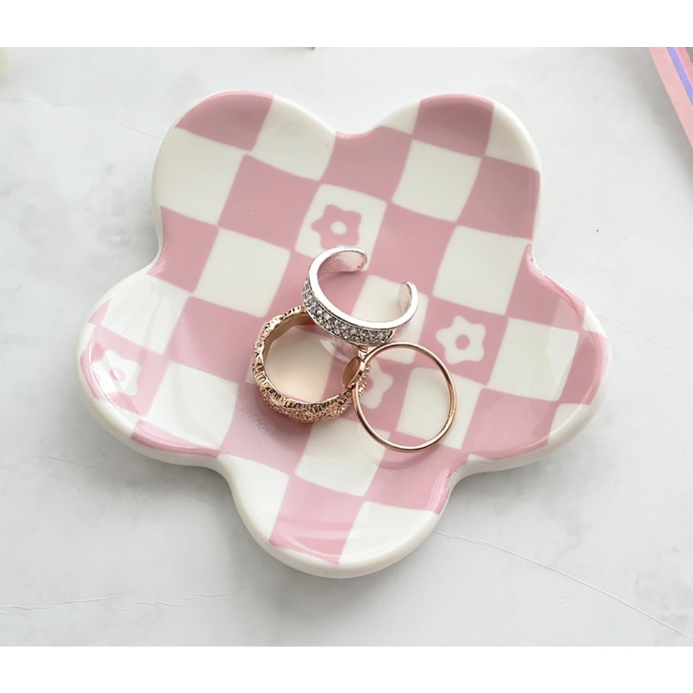 Bedroom Furniture - Ceramic Checkered Jewelry Tray Pink Aesthetic
