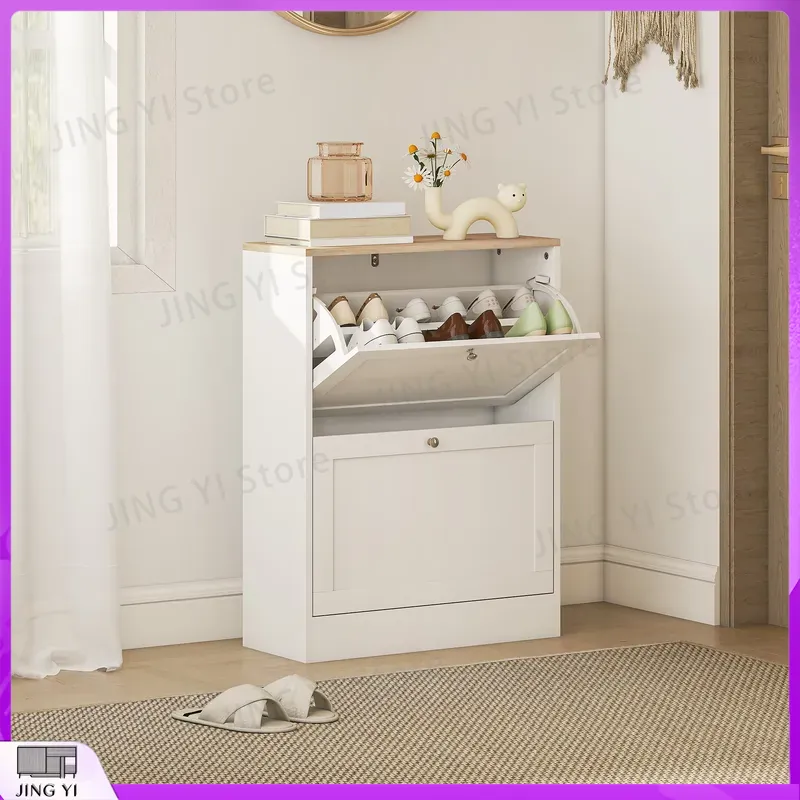 Narrow Shoe Cabinet with 2 Fli - Shoe Rack Cabinet Narrow Entryway 评论和价格