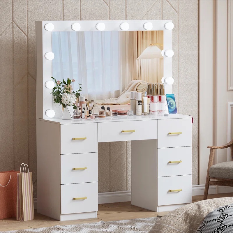 *Modern White Lighted Color Mi - Dressing Table Vanity With Lighted Mirror 评论和价格