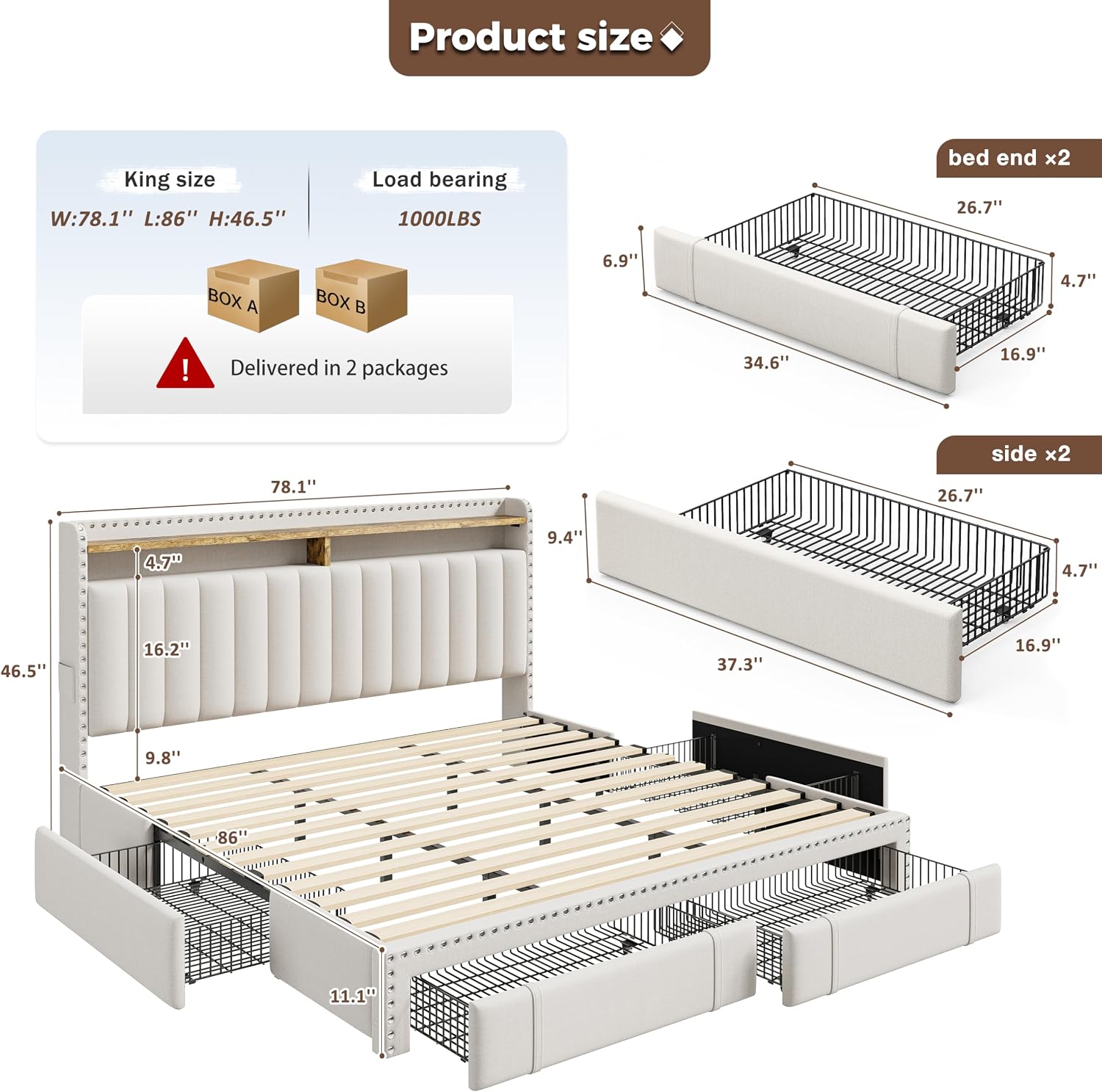 King Size Bed Frame with 4 Sto - King Size Bed Frame With Storage Drawers 评论和价格